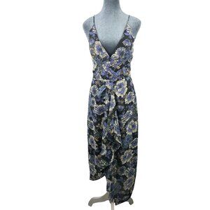 Cooper St Floral Fantasy Draped Midi Dress Black Blue White Print Women US 4 NWT